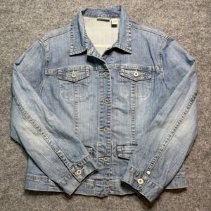 CHICOS PLATINUM Denim Jacket Light Wash Blue Button Front Stretch Jean Jacket 1